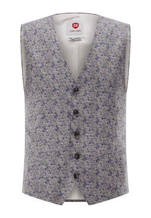 Ärmellose Weste aus einem hellgrauen Stoff mit einem blauen Blumenmuster. Verfügt über fünf schwarze Knöpfe und eine Tasche auf der Vorderseite.