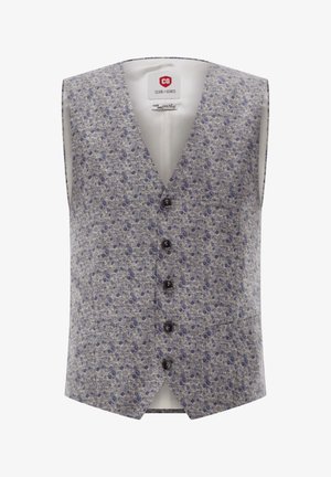 Ärmellose Weste aus einem hellgrauen Stoff mit einem blauen Blumenmuster. Verfügt über fünf schwarze Knöpfe und eine Tasche auf der Vorderseite.