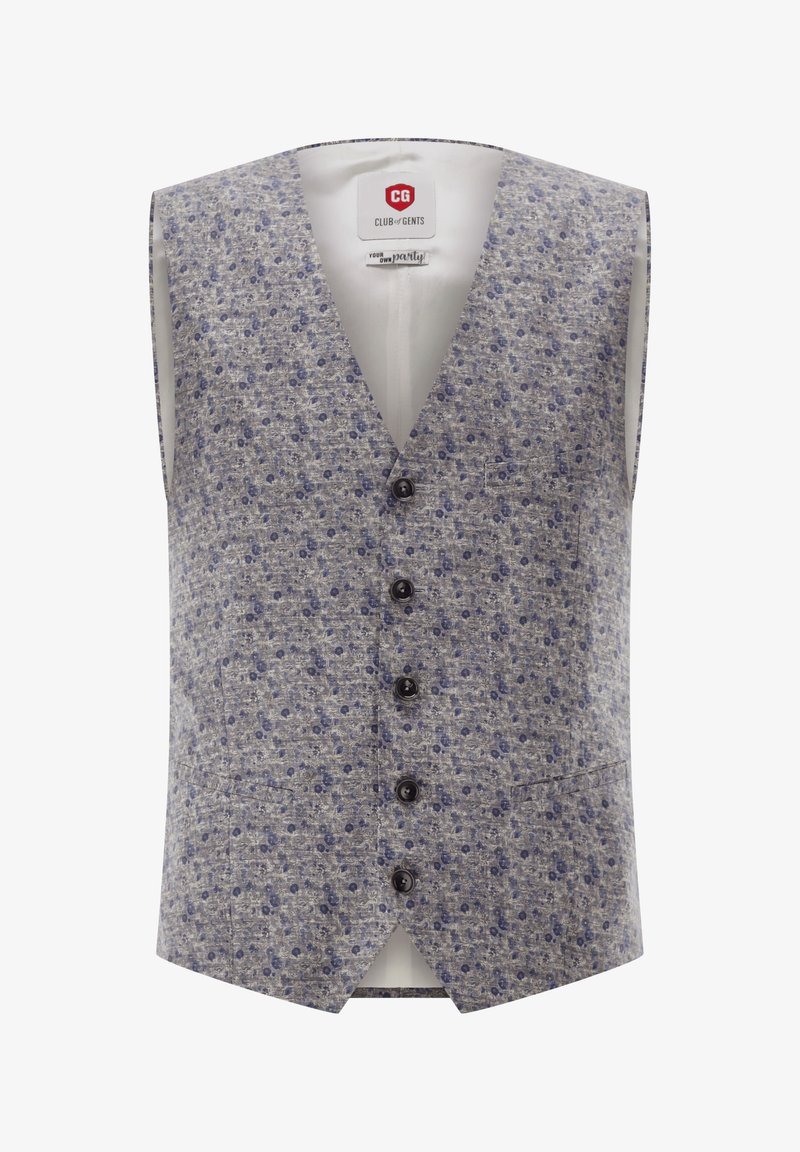 Sleeveless vest in a light gray fabric with a floral pattern in blue. Features five black buttons and a pocket on the front.
