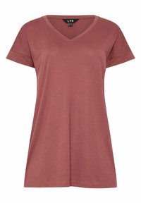 T-shirt z dekoltem w kształcie V, z krótkim rękawem w kolorze przybrudzonego różu, wykonany z miękkiego materiału o luźnym kroju. Ozdobiony prostym przeszyciem na dole.