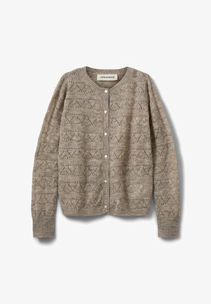 Béžový pletený kardigan s geometrickým krajkovým vzorem, kulatým výstřihem a zapínáním na knoflíky vpředu. Žebrované manžety a lem s jemnou strukturou.