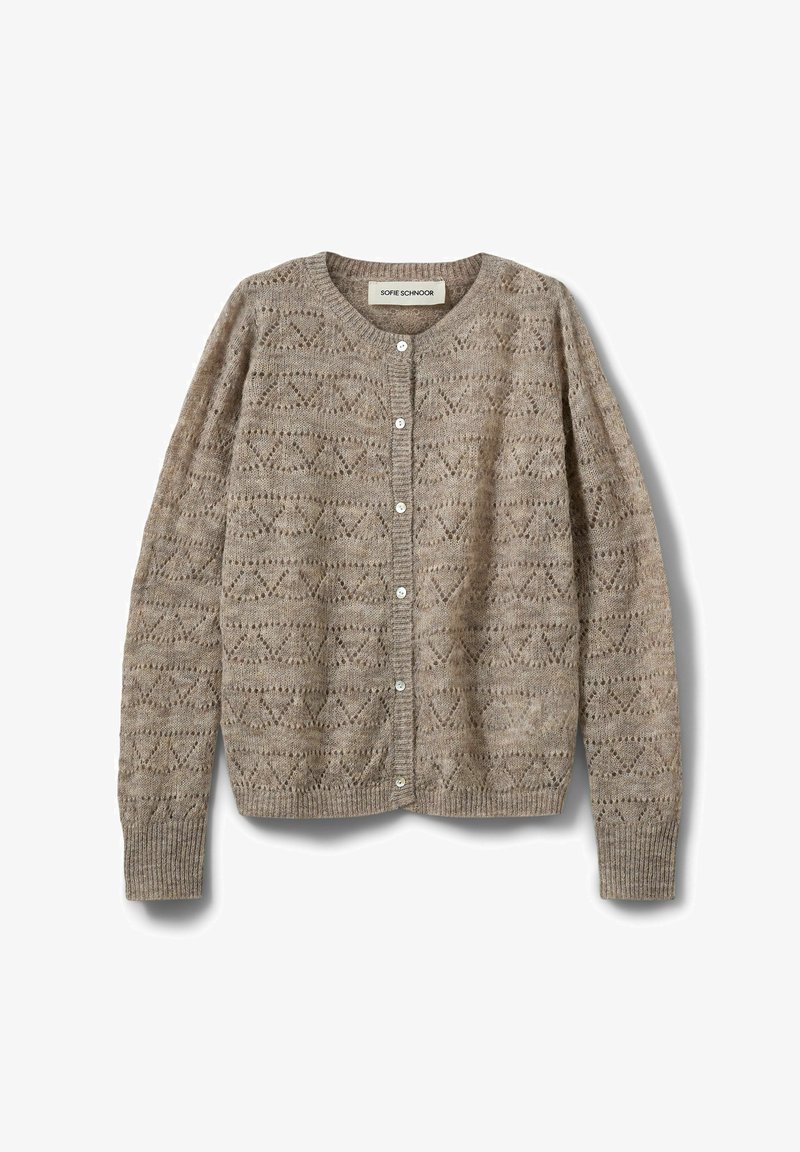 Cardigan beige en tricot avec un motif géométrique en dentelle, col rond et fermeture à boutons sur le devant. Poignets et ourlet côtelés avec une texture légère.