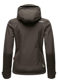 Brown fleece jacket with a fitted design, hood, and contrasting logo. Features smooth, textured fabric and cuffs with adjustable tabs.