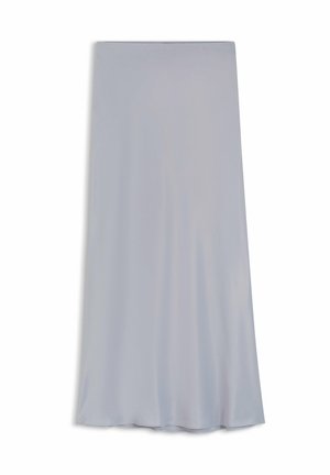 Lys grå midi-nederdel lavet af glat, letvægtsstof. Har et flagrende design med en lige talje og ingen synlige mønstre eller hardware.