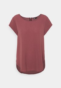 Bordeauxfarbige kurzärmelige Bluse mit rundem Ausschnitt, Reißverschluss hinten und leicht abgerundetem Saum. Glatte Textur und leichtes Material.