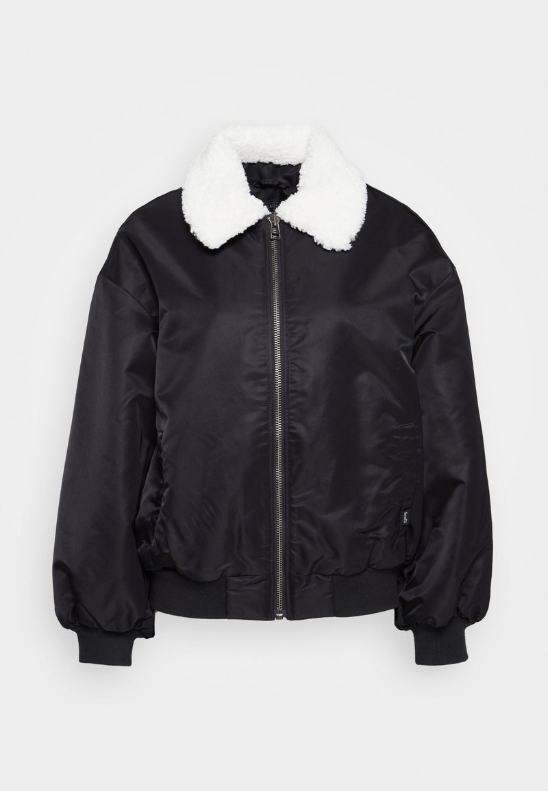 Giubbotto bomber nero con colletto in ecopelliccia bianco, chiusura con zip e polsini ed orlo elasticizzati. Tessuto liscio e lucido con una vestibilità comoda.