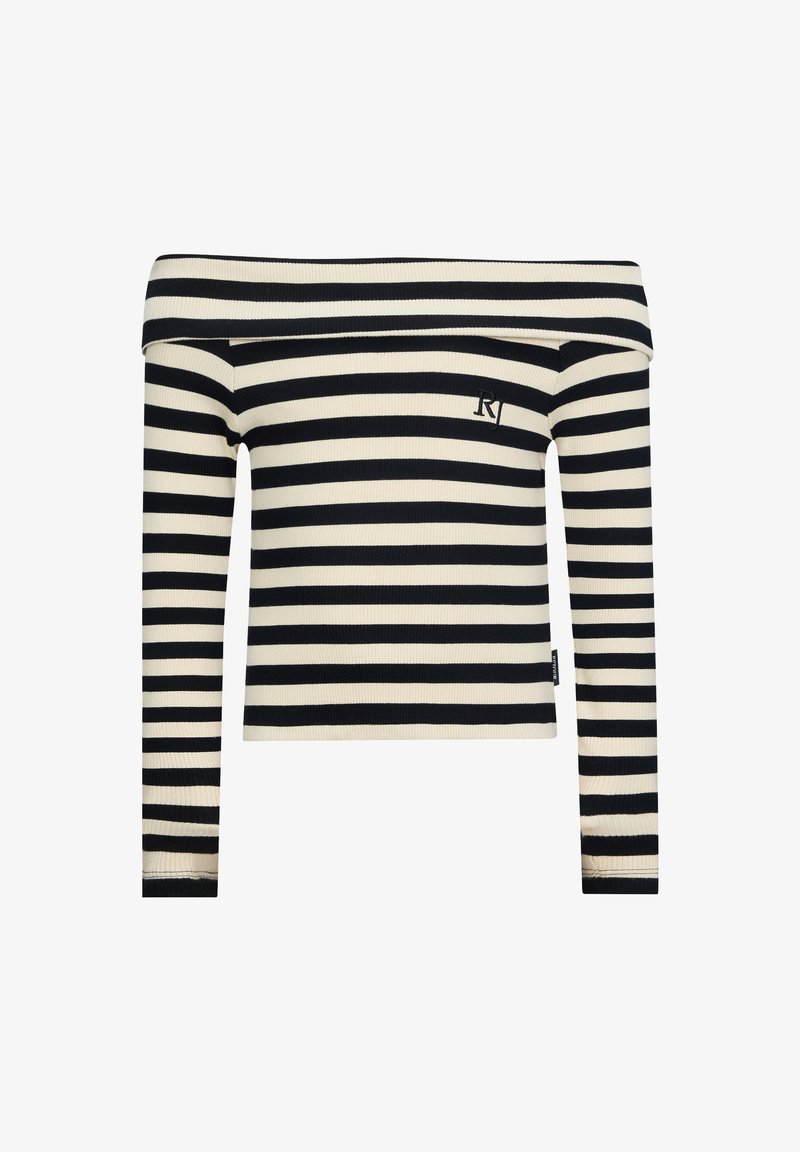 Langärmliges, schulterfreies Oberteil aus geripptem Stoff mit auffälligen schwarz und cremefarbenen horizontalen Streifen sowie einem kleinen Logo auf der Vorderseite.