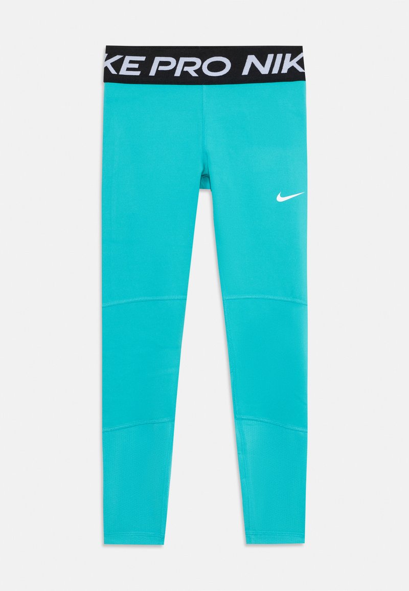 Turkusowe legginsy Nike Pro z czarnym pasem, na którym widnieje tekst "NIKE PRO". Materiał ma gładką teksturę z kontrastującymi szwami.