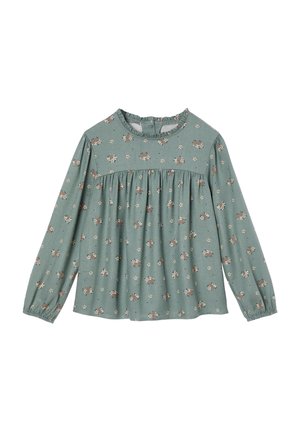 Grüne Langarmbluse mit kleinem braun-weißem Blumenmuster, gerafftem Rundhalsausschnitt und gerafftem Einsatz über der Brust.