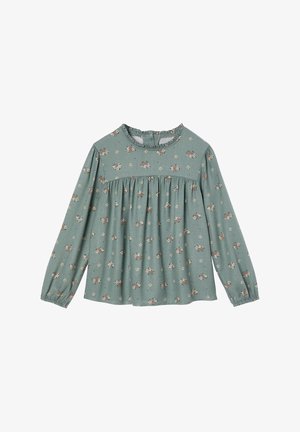 Blouse verte à manches longues avec imprimé floral petit marron et blanc, col rond à volants, et empiècement froncé sur la poitrine.