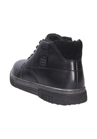 Black leather ankle boot with a textured finish, round toe, and lace closure. Features a padded collar and rubber sole with grooves.