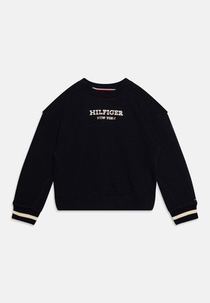 Sweat-shirt noir avec encolure ras-du-cou côtelée et logo brodé blanc "HILFIGER NEW YORK". Comprend des poignets rayés et une coupe décontractée.