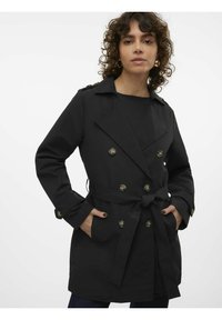 Black trench coat with double-breasted gold-button design, detachable belt, and side pockets. Features notched lapels and long sleeves.