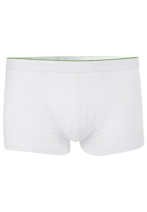 Weiße Baumwoll-Boxershorts mit enger Passform, ausgestattet mit einem strukturierten Bund mit eingeprägtem Branding und einem grünen Akzentstreifen.