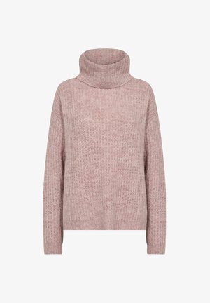 Šviesiai rožinė didelio dydžio kaklo megztinis su tekstūruotu mezgimo raštu ir ilgomis rankovėmis, turintis platų apykaklę ir laisvą siluetą.