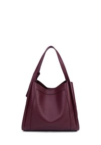 Borsa a tote in pelle borgogna con una finitura testurizzata, manici larghi e un'apertura superiore curvata; presenta un grande dettaglio con tasca centrale.