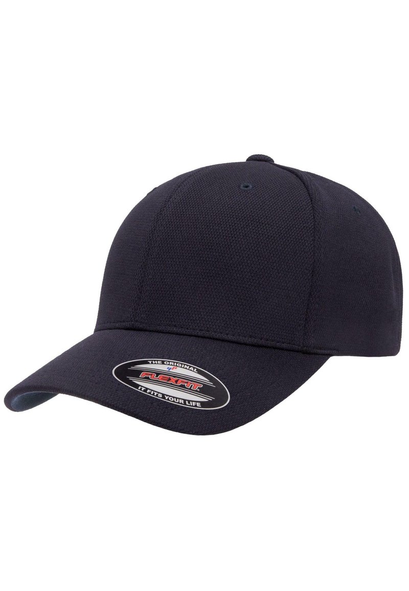 Tumesinine baseball müts tekstuuri kangast, millel on kõver visor. Ees on Flexfit logo kleebis.