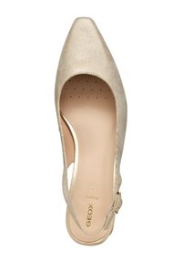 Zapato beis tipo slingback con punta afilada, parte superior de tela y correa alrededor del tobillo. El interior presenta un patrón de puntos con un acabado suave.