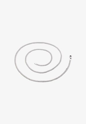 Silver curb chain necklace with lobster clasp, arranged in a spiral on a white background.