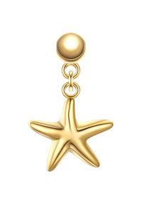 Orecchino a forma di stella marina dorata con una finitura lucida, appeso a un connettore a sfera rotonda con anelli collegati.