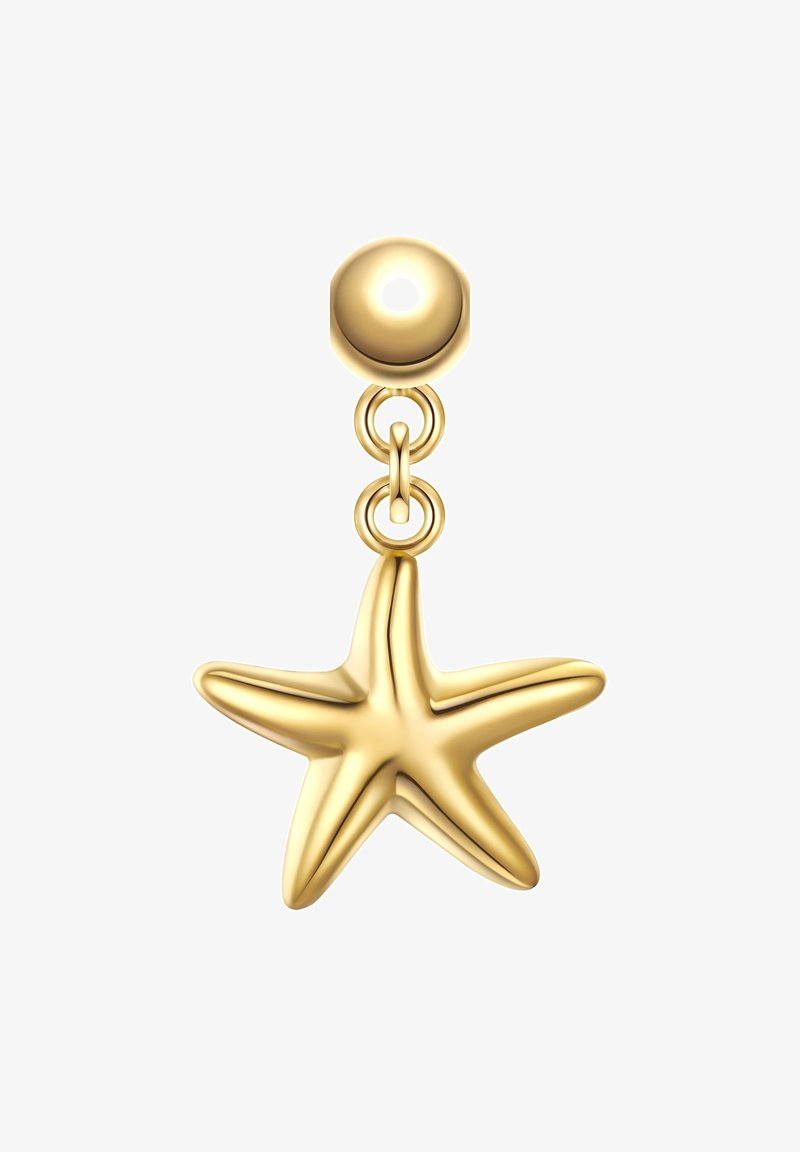 Orecchino a forma di stella marina dorata con una finitura lucida, appeso a un connettore a sfera rotonda con anelli collegati.