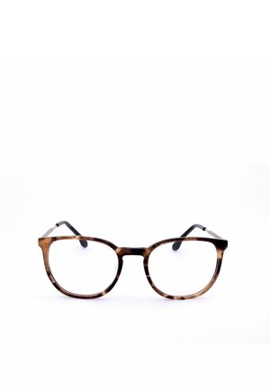 Occhiali rettangolari color tartaruga marrone con lenti trasparenti e terminali delle aste neri su sfondo bianco.