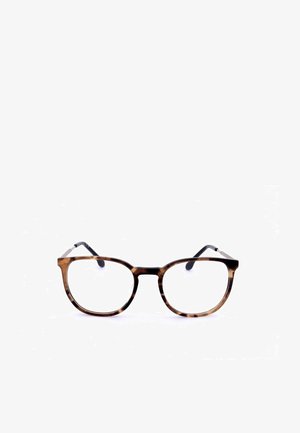 Occhiali rettangolari color tartaruga marrone con lenti trasparenti e terminali delle aste neri su sfondo bianco.