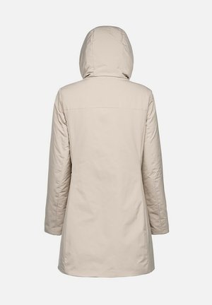 Beige, hoodad vinterjacka med rak skärning, synliga sömmar och en slät, texturerad yta. Lämplig för kallt väder.