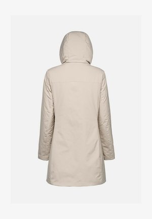 Cappotto invernale beige con cappuccio, di taglio dritto, con cuciture a vista e una finitura liscia e testurizzata. Adatto per il freddo.