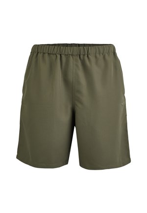 Olivgrüne Shorts mit elastischem Bund, geraden Beinen, minimalen Nähten und kleinem reflektierendem Logo am rechten Oberschenkel.