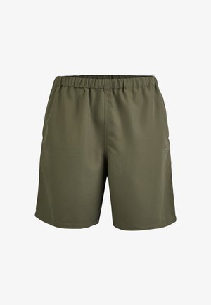 Olive green elastic waistband shorts with straight legs, minimal stitching, and a small reflective logo on the right thigh.