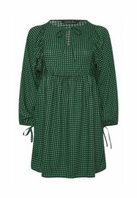 Vihreä ja musta ruutukuvioinen mekko pitkillä hihoilla, pyöreällä kaula-aukolla ja kiristysnauhalle vyötäröllä. Sisältää puffihihat ja koottuja yksityiskohtia.