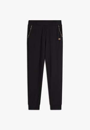 Pantalons de survêtement noirs en tissu doux, dotés de poches latérales zippées avec un motif contrasté, et d'une finition côtelée à la cheville pour un look ajusté.