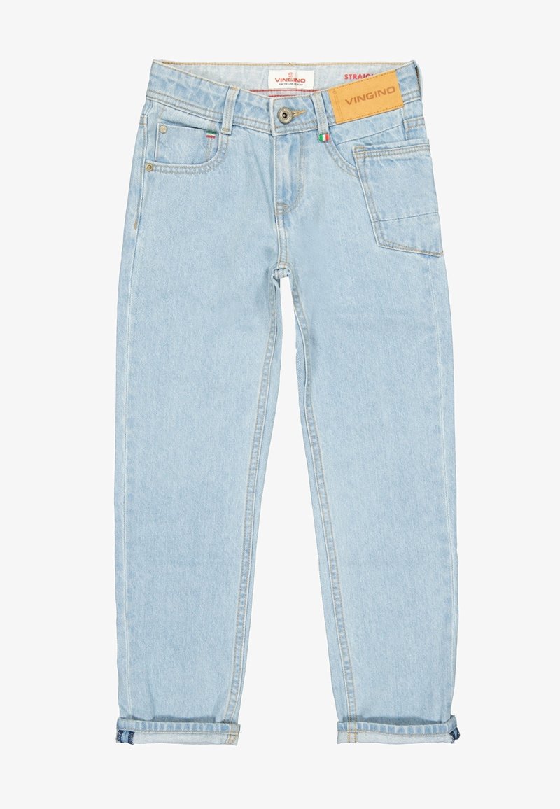 Jean en denim bleu clair avec une coupe droite, un design à cinq poches, des ourlets retroussés et une patch en cuir beige sur la ceinture.