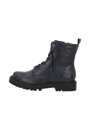Stivaletti alla caviglia in pelle nera con finitura testurizzata, chiusura frontale con lacci, punta rotonda e suola robusta. Caratterizzati da occhielli in metallo e linguetta per facilitare la calzata.