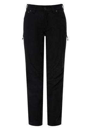 Schwarze Hosen mit tailliertem Schnitt; verfügen über Reißverschlusstaschen, Gürtelschlaufen und eine glatte, leichte Stoffstruktur.