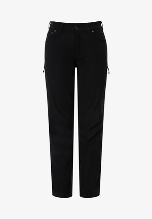 Černé kalhoty s přizpůsobeným střihem; mají zipové kapsy, poutka na opasek a hladkou, lehkou texturu materiálu.
