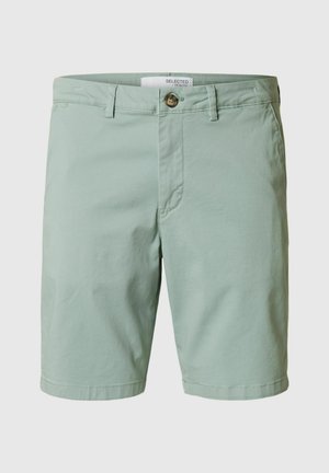 Kerged rohelised lühikesed püksid puuvillast, millel on üks eesmine nööbilukustus, vöökohad ja puhas, lihtne disain ilma nähtavate mustriteta.