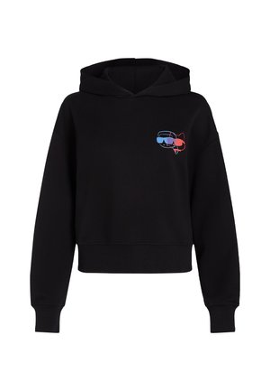 Zwarte cropped hoodie met een voorzijde afbeelding van een kat met een bril, met blauwe en rode accenten. Gemaakt van zachte stof en met een relaxte pasvorm.