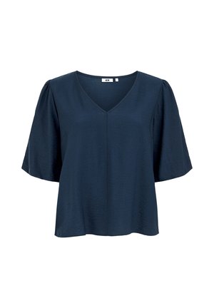 Haut bleu marine à manches courtes avec un col en V et une coupe ample. Confectionné dans un tissu léger et texturé avec un léger drapé. Sans motifs ni accents.