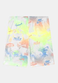 Nike-shorts i lättviktigt tyg med ett livligt flerfärgat splashes-mönster och upprepade logotyper i blått, orange och grönt.