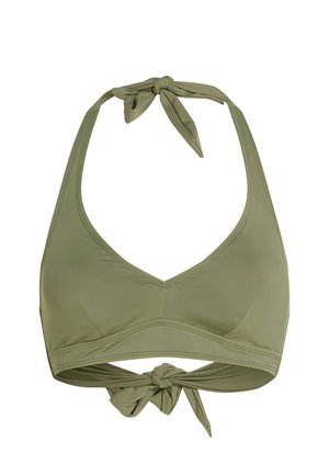 Olivově zelený horní díl bikin s halter střihem a zavazováním na krku a zádech, s výstřihem do V a hladkou tkaninou.