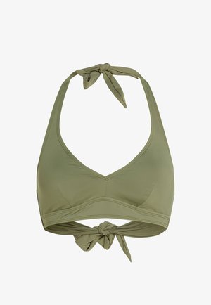 Oliiviroheline kaela taha seotud trikooülaosa, millel on V-kaelus ja sile kangas.