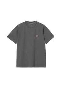 T-shirt a maniche corte color grigio carbone con collo a girocollo e piccolo logo Carhartt marrone sulla parte sinistra del petto.