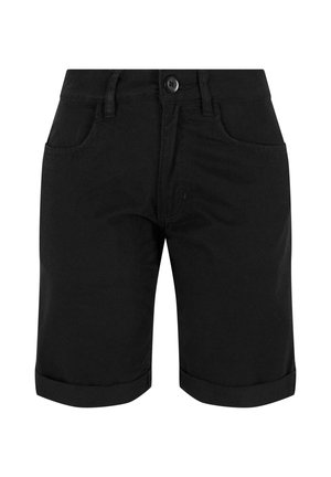 Fekete pamut rövidnadrág, gombos záródással, feltekerhető szárakkal, két elülső zsebbel és sima textúrával.