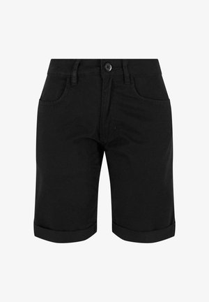 Fekete pamut rövidnadrág, gombos záródással, feltekerhető szárakkal, két elülső zsebbel és sima textúrával.