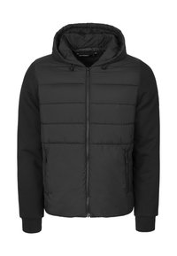 Black hooded jacket featuring a quilted front, smooth fabric sleeves, zip closure, and ribbed cuffs. Ideal for casual wear.