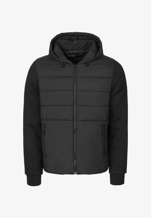 Schwarze Kapuzenjacke mit gesteppter Vorderseite, glatten Stoffärmeln, Reißverschluss und Rippbündchen. Ideal für die Freizeit.