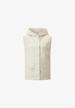 Outdoor-Weste in hellem Creme, aus wasserabweisendem Stoff. Verfügt über eine Kapuze, zwei Fronttaschen und einen Reißverschluss vorne. Glatte Textur.