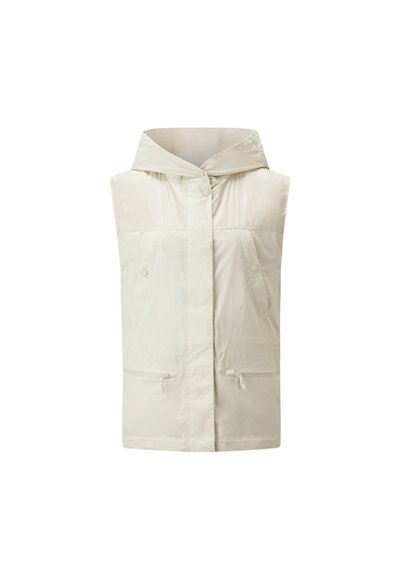 Outdoor-Weste in hellem Creme, aus wasserabweisendem Stoff. Verfügt über eine Kapuze, zwei Fronttaschen und einen Reißverschluss vorne. Glatte Textur.